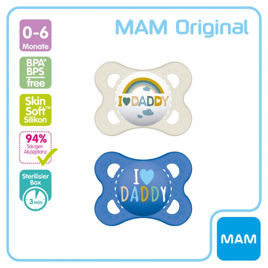 MAM Ciuccio 2 Pack Original - Silicone 0-6 M - I Love Daddy - Blu