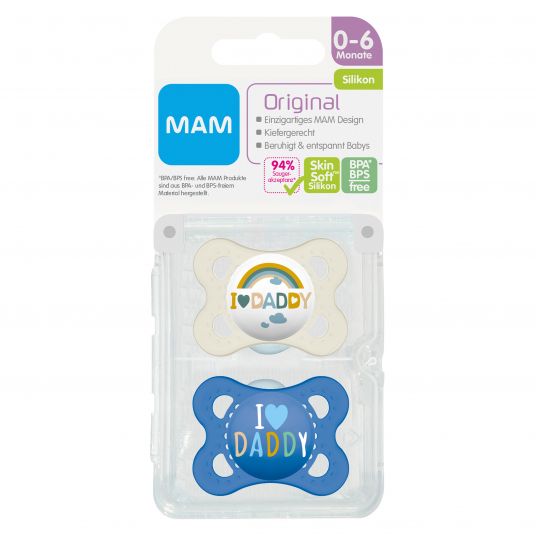 MAM Pacifier 2 Pack Original - Silicone 0-6 M - I Love Daddy - Blue