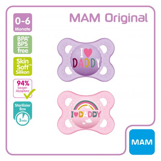 MAM Pacifier 2 Pack Original - Silicone 0-6 M - I Love Daddy - Pink