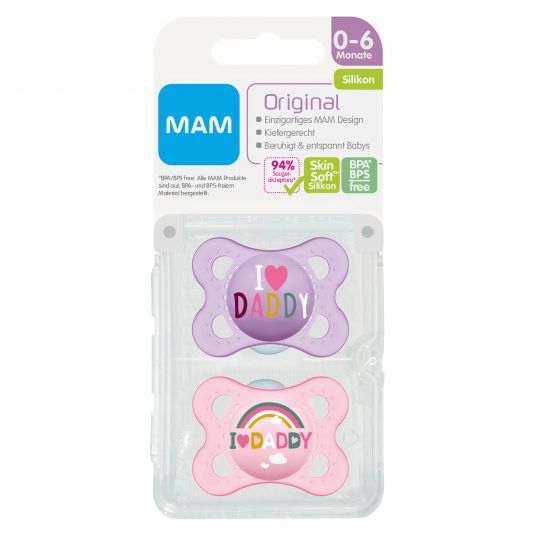 MAM Pacifier 2 Pack Original - Silicone 0-6 M - I Love Daddy - Pink