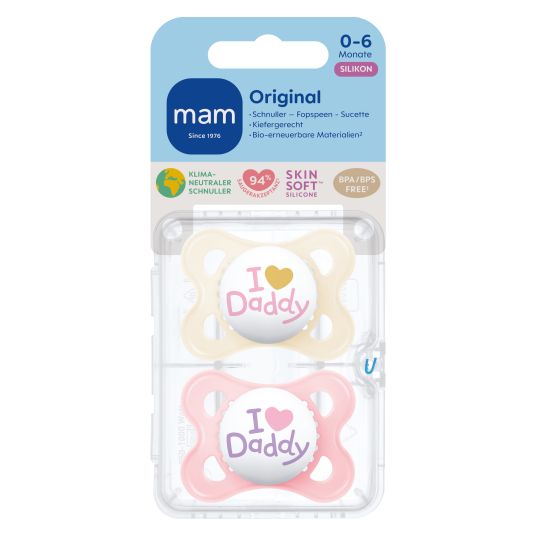 MAM Pacifier 2-pack Original - Silicone 0-6 M - I Love Daddy - Pink