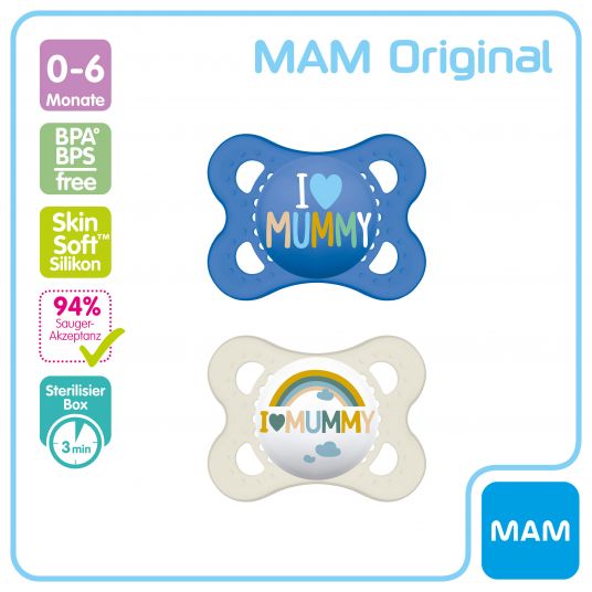 MAM Pacifier 2 Pack Original - Silicone 0-6 M - I Love Mummy - Blue