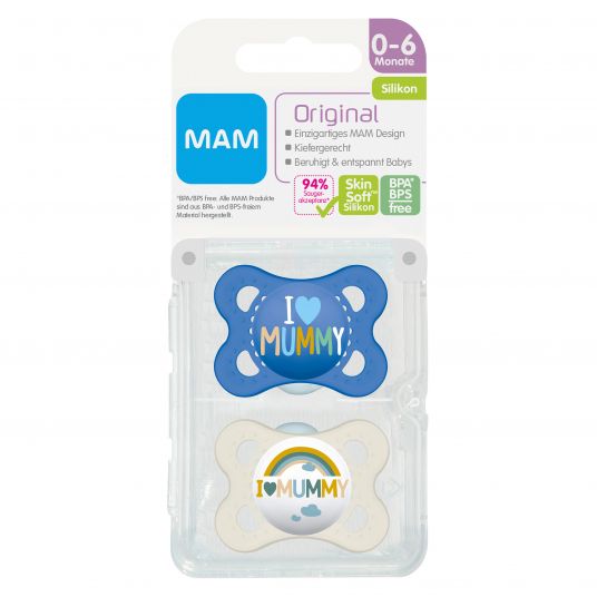 MAM Pacifier 2 Pack Original - Silicone 0-6 M - I Love Mummy - Blue