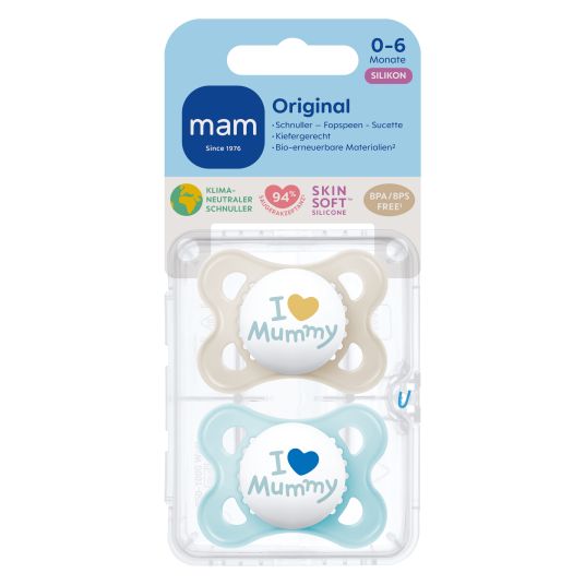 MAM Pacifier 2-pack Original - Silicone 0-6 M - I Love Mummy - Blue