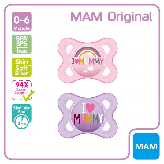 MAM Pacifier 2 Pack Original - Silicone 0-6 M - I Love Mummy - Pink