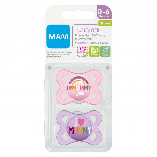 MAM Pacifier 2 Pack Original - Silicone 0-6 M - I Love Mummy - Pink