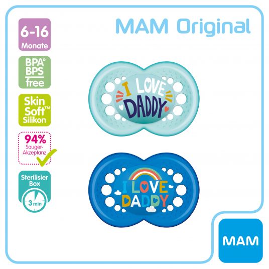 MAM Pacifier 2 Pack Original - Silicone 6-16 M - I Love Daddy - Blue