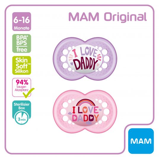 MAM Pacifier 2 Pack Original - Silicone 6-16 M - I Love Daddy - Pink