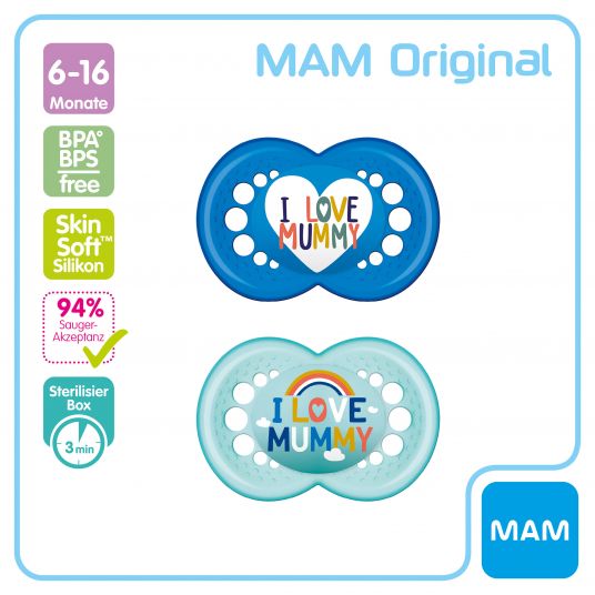 MAM Pacifier 2 Pack Original - Silicone 6-16 M - I Love Mummy - Blue