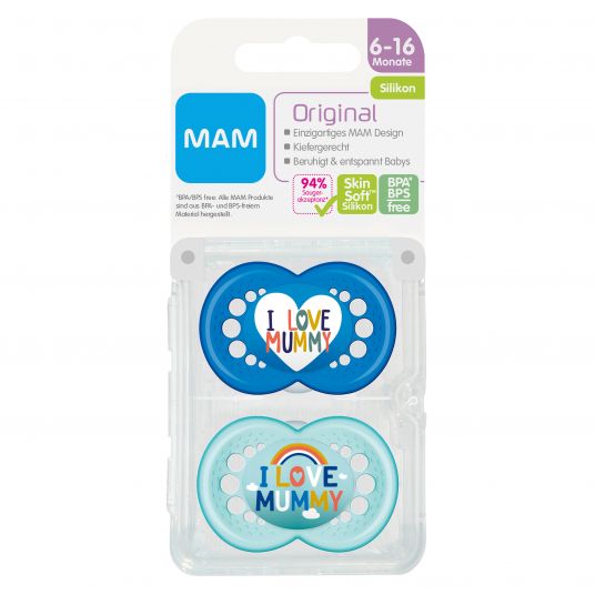 MAM Pacifier 2 Pack Original - Silicone 6-16 M - I Love Mummy - Blue