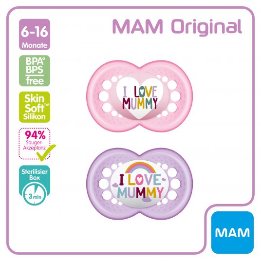MAM Schnuller 2er Pack Original - Silikon 6-16 M - I Love Mummy - Rosa
