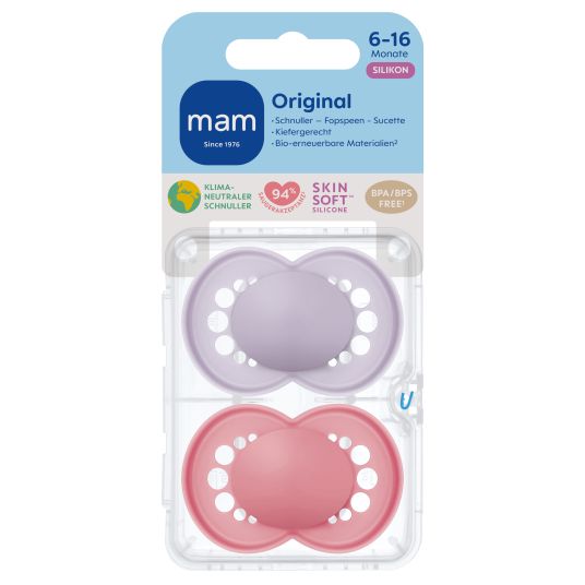 MAM Pacifier 2 Pack Original Pure - Silicone 6-16 M - Pink & Purple