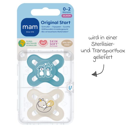 MAM Ciuccio 2 pezzi Original Start - Silicone 0-2 M - Blu e Beige