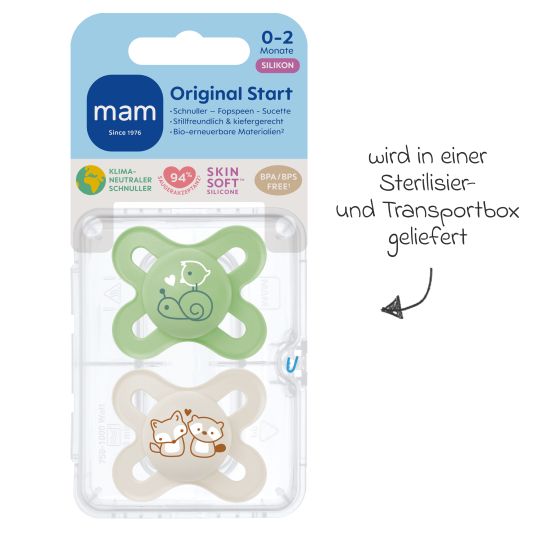 MAM Ciuccio 2 pezzi Original Start - Silicone 0-2 M - Verde e Beige