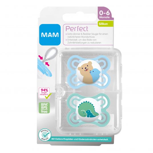 MAM Pacifier 2 Pack Perfect - Silicone 0-6 M - Bear & Dino