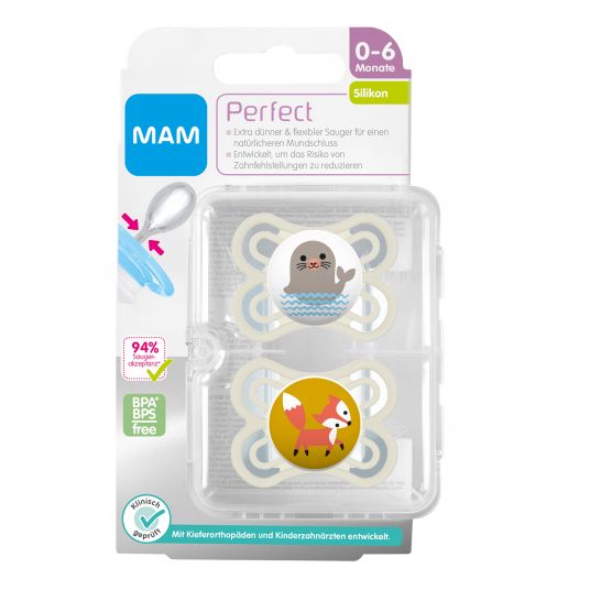 MAM Pacifier 2 Pack Perfect - Silicone 0-6 M - Seal & Fox