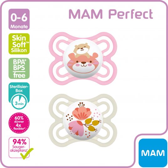 MAM Pacifier 2 Pack Perfect - Silicone 0-6 M - Tiger & Flower