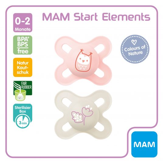 MAM Schnuller 2er Pack Start Elements - Latex 0-2 M - Eule und Blume