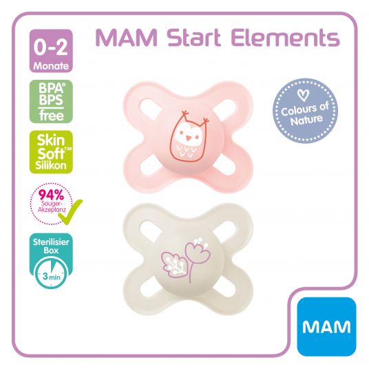 MAM Schnuller 2er Pack Start Elements - Silikon 0-2 M - Eule und Blume