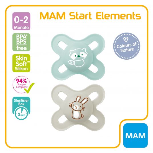 MAM Schnuller 2er Pack Start Elements - Silikon 0-2 M - Waschbär und Hase