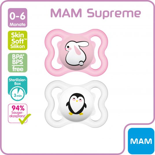 MAM Succhietto 2 Pack Supreme - Silicone 0-6 M - Coniglietto & Pinguino