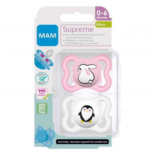 MAM Pacifier 2 Pack Supreme - Silicone 0-6 M - Bunny & Penguin