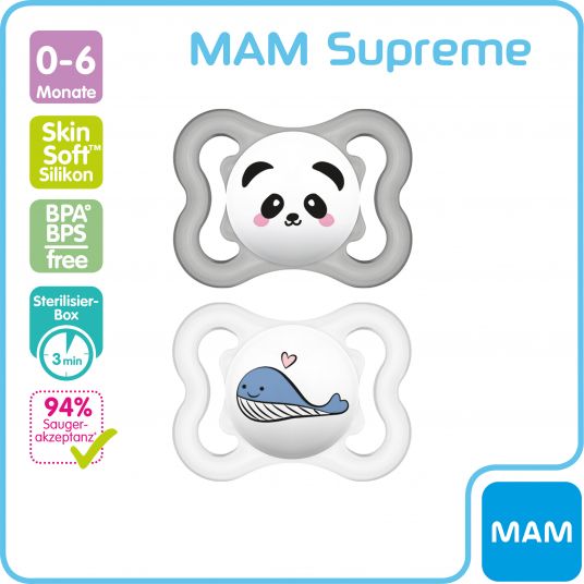 MAM Succhietto 2 Pack Supreme - Silicone 0-6 M - Panda e Balena