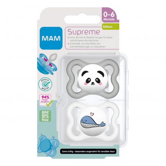 MAM Pacifier 2 Pack Supreme - Silicone 0-6 M - Panda & Whale