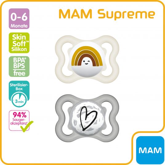 MAM Succhietto 2 Pack Supreme - Silicone 0-6 M - Arcobaleno e Cuore