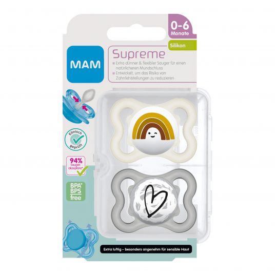 MAM Pacifier 2 Pack Supreme - Silicone 0-6 M - Rainbow & Heart
