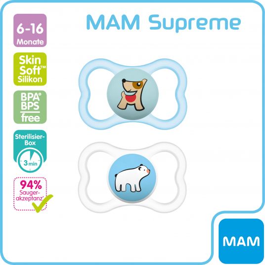 MAM Pacifier 2 Pack Supreme - Silicone 6-16 M - Dog & Polar Bear