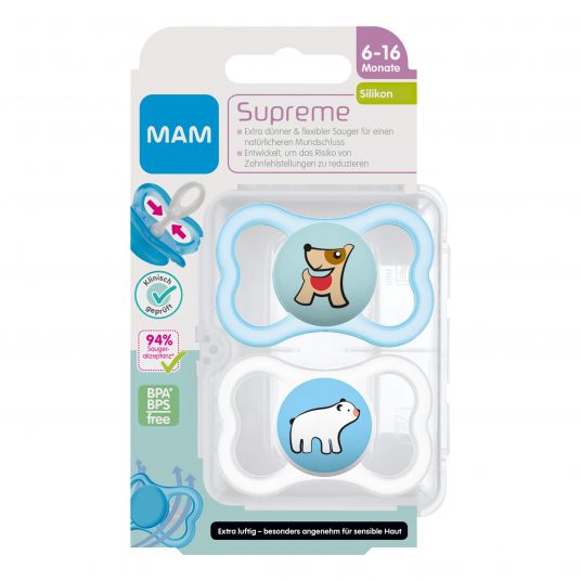 MAM Pacifier 2 Pack Supreme - Silicone 6-16 M - Dog & Polar Bear