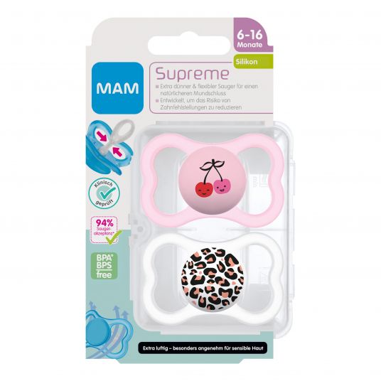 MAM Pacifier 2 Pack Supreme - Silicone 6-16 M - Cherry & Leopard