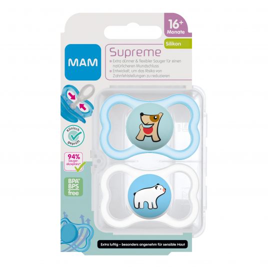 MAM Pacifier 2 Pack Supreme - Silicone from 16 M - Dog & Polar Bear