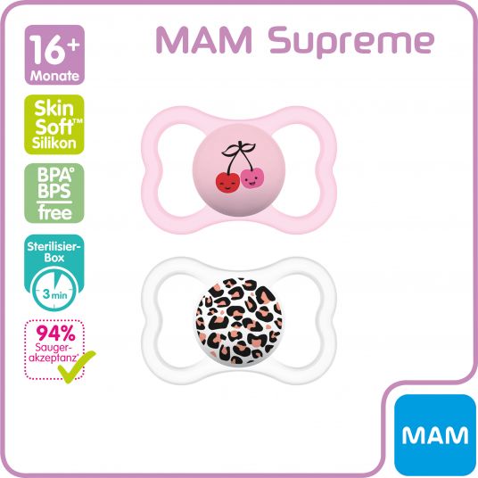 MAM Pacifier 2 Pack Supreme - Silicone from 16 M - Cherry & Leopard