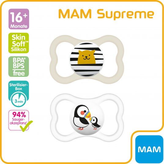 MAM Schnuller 2er Pack Supreme - Silikon ab 16 M - Papageitaucher & Katze