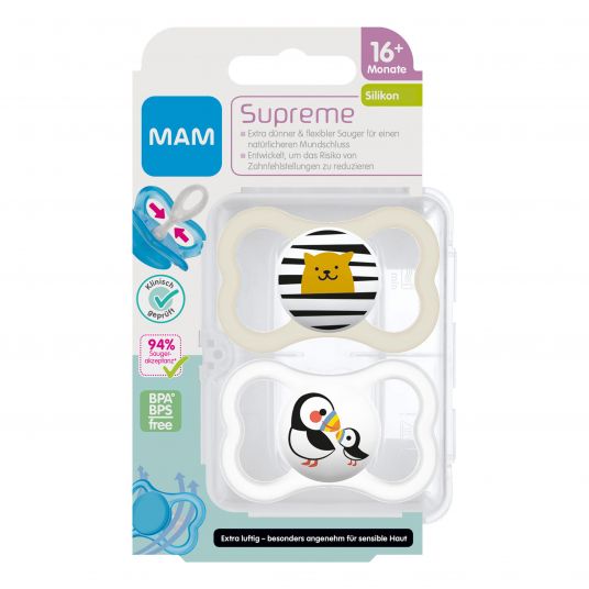 MAM Pacifier 2 Pack Supreme - Silicone from 16 M - Puffin & Cat