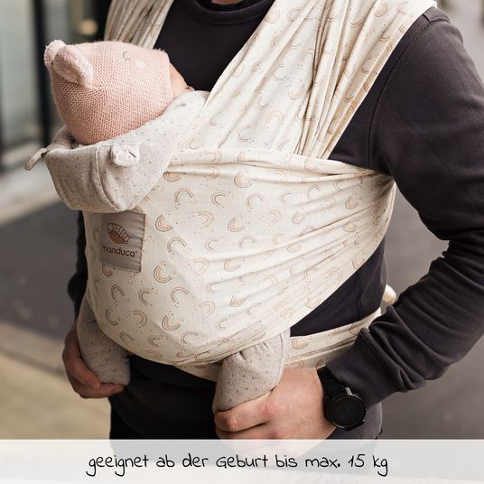 manduca Babytragetuch Sling elastisch 510 x 60 cm für Neugeborene ab 3,5 kg - 15 kg aus 100% Bio-Baumwolle - RainbowDay - Sand Print