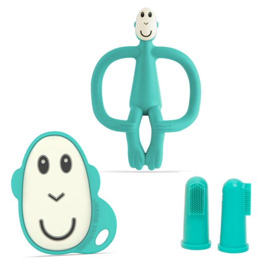 Matchstick Monkey 4-piece starter set teething aids - teething ring with finger toothbrush - monkey - green