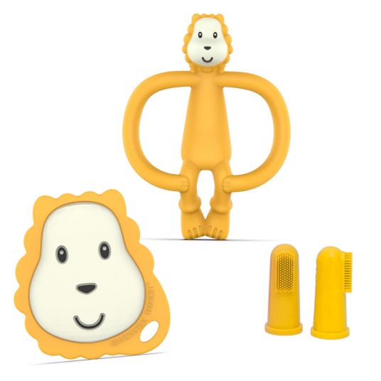 Matchstick Monkey 4-piece starter set teething aids - teething ring with finger toothbrush - lion - yellow