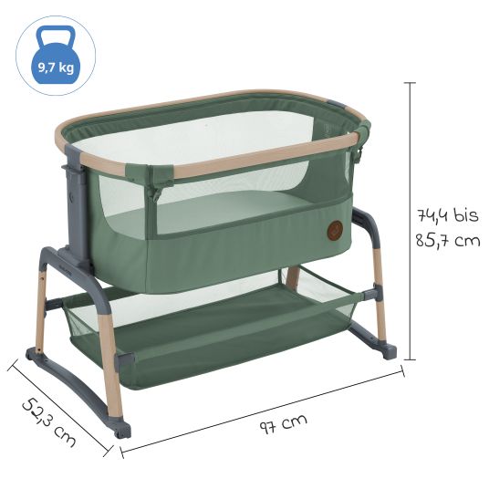 Maxi-Cosi 2-in-1 Beistellbett Iora Air mit Schaukelfunktion, atmungsaktive Stoffe, klappbar, inkl. Matratze & Reisetasche - Beyond Green