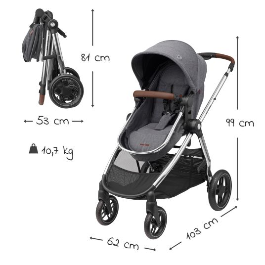 Maxi-Cosi 2-in-1 Kombi-Kinderwagen Zelia³ verwendbarer Sitz & Wanne in einem, verstellbarer Schieber, 22 kg - Luxe Twillic Grey