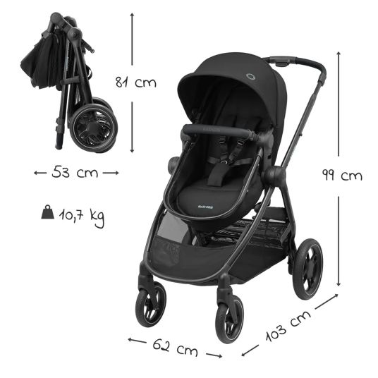 Maxi-Cosi 3-in-1 Kombi-Kinderwagen-Set Zelia³ inkl. Babyschale CabrioFix i-Size & Adapter, 22 kg - Black