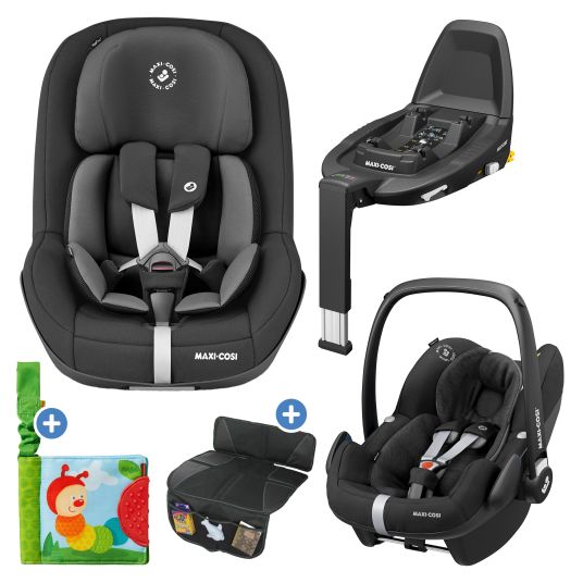 Maxi-Cosi 3in1 Babyschale & Reboarder-Set ab Geburt - 4 Jahre (45 cm - 105 cm) mit Babyschale Pebble Pro, Kindersitz Pearl Pro 2, FamilyFix 3 inkl. Schutzunterlage & Buggybuch - Black