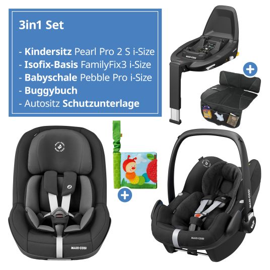 Maxi-Cosi Set seggiolino auto e reboarder 3in1 dalla nascita ai 4 anni (61 cm - 105 cm) con seggiolino auto Pebble Pro, seggiolino Pearl Pro 2, FamilyFix 3 incluso cuscinetto protettivo e libro per passeggino - Nero