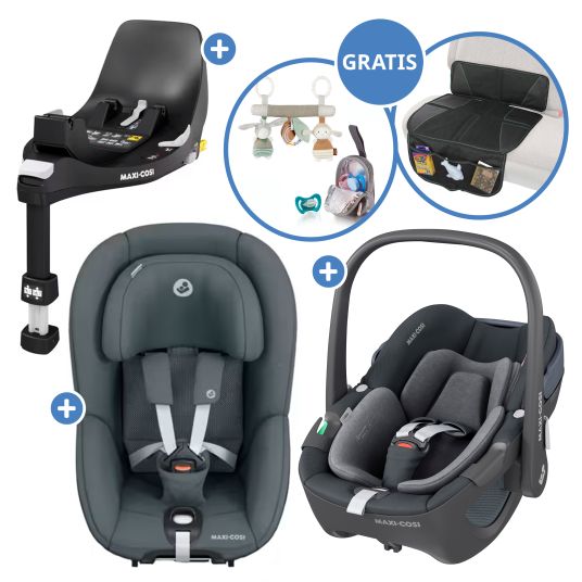 Maxi-Cosi Set 3in1 seggiolino auto e rialzo FamilyFix 360 dalla nascita ai 4 anni (40 - 105 cm) con seggiolino auto Pebble 360 e seggiolino Pearl 360 inclusi FamilyFix, cuscinetto protettivo, imbracatura e borsa portaciuccio - Grafite