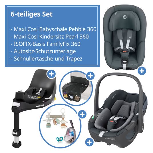 Maxi-Cosi 3in1 Babyschale & Reboarder-Set FamilyFix 360 ab Geburt bis 4 Jahre (40 - 105 cm) mit Babyschale Pebble 360 & Kindersitz Pearl 360 inkl. Isofix-Basis FamilyFix, Schutzunterlage, Activity-Trapez & Schnullertasche - Graphite