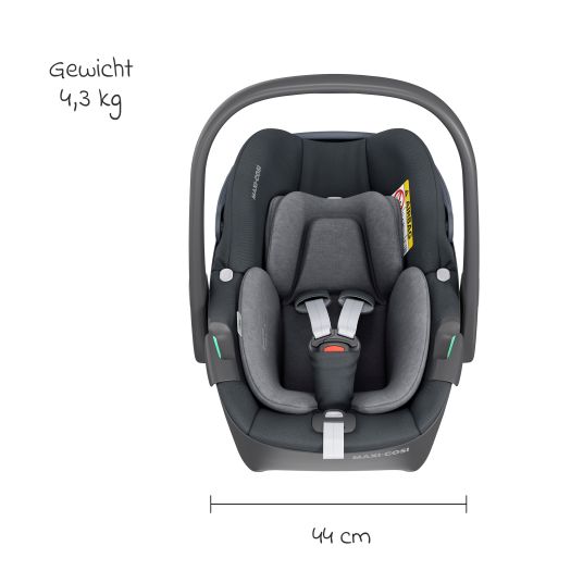 Maxi-Cosi Set 3in1 seggiolino auto e rialzo FamilyFix 360 dalla nascita ai 4 anni (40 - 105 cm) con seggiolino auto Pebble 360 e seggiolino Pearl 360 inclusi FamilyFix, cuscinetto protettivo, imbracatura e borsa portaciuccio - Grafite