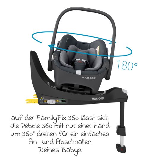 Maxi-Cosi Set 3in1 seggiolino auto e rialzo FamilyFix 360 dalla nascita ai 4 anni (40 - 105 cm) con seggiolino auto Pebble 360 e seggiolino Pearl 360 inclusi FamilyFix, cuscinetto protettivo, imbracatura e borsa portaciuccio - Grafite