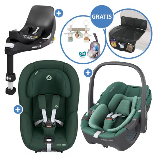 Maxi-Cosi 3in1 Babyschale & Reboarder-Set FamilyFix 360 ab Geburt bis 4 Jahre (40 - 105 cm) mit Babyschale Pebble 360 & Kindersitz Pearl 360 inkl. Isofix-Basis FamilyFix, Schutzunterlage, Activity-Trapez & Schnullertasche - Green